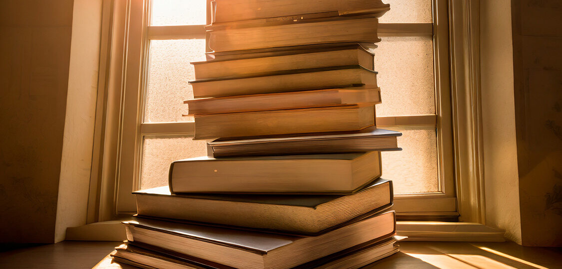 Firefly-photographs-of-a-big-stack-of-books-by-a-window-26387